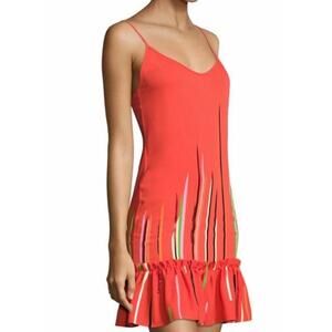 Roberta Einer 100% Silk Neon Orange Mini Dress Size 2 Ruffle Hem Multi-Color